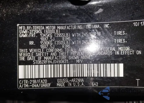 2018 Toyota Highlander Le Plus from USA, damaged, VIN 5TDBZRFH4JS490831